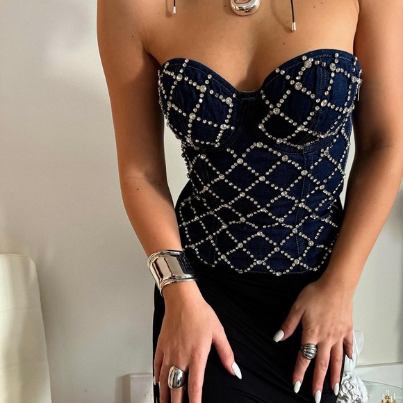 Rhinestone Strapless Overbust Denim corset top. Size S-M. - Picture 4 of 9